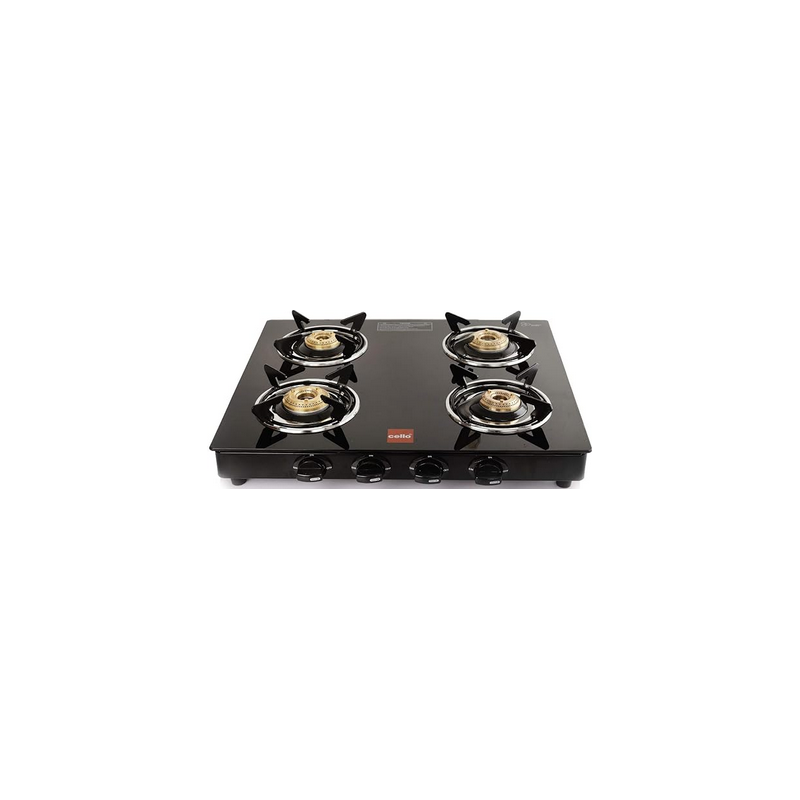 CELLO PRIMA GAS STOVE 4 BURNER STAINLESS STEEL, GLASS TOP, (ISI CERTIFIED, BLACK), OPEN